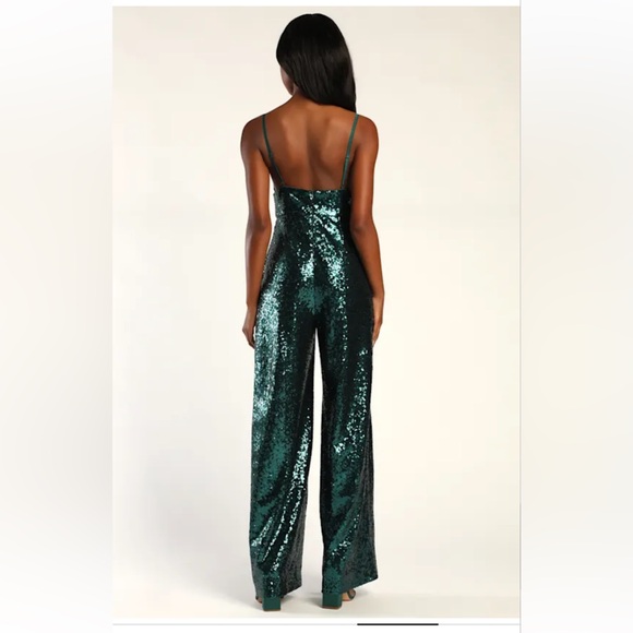 NWT! Lulus After Party Babe Emerald Green Sequin Wide-leg Jumpsuit - Size M - Picture 2 of 4